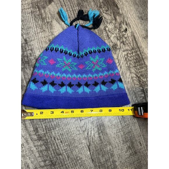 Vintage 90s LL Bean Wool Ski Snow Hat W Tassels Purple Blue Retro Snowflakes - Picture 7 of 9